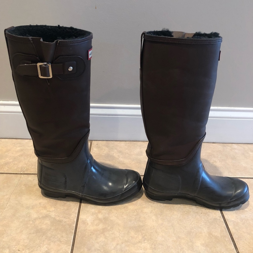 Hunter Brown Leather Rain Boots Shearling Sherpa